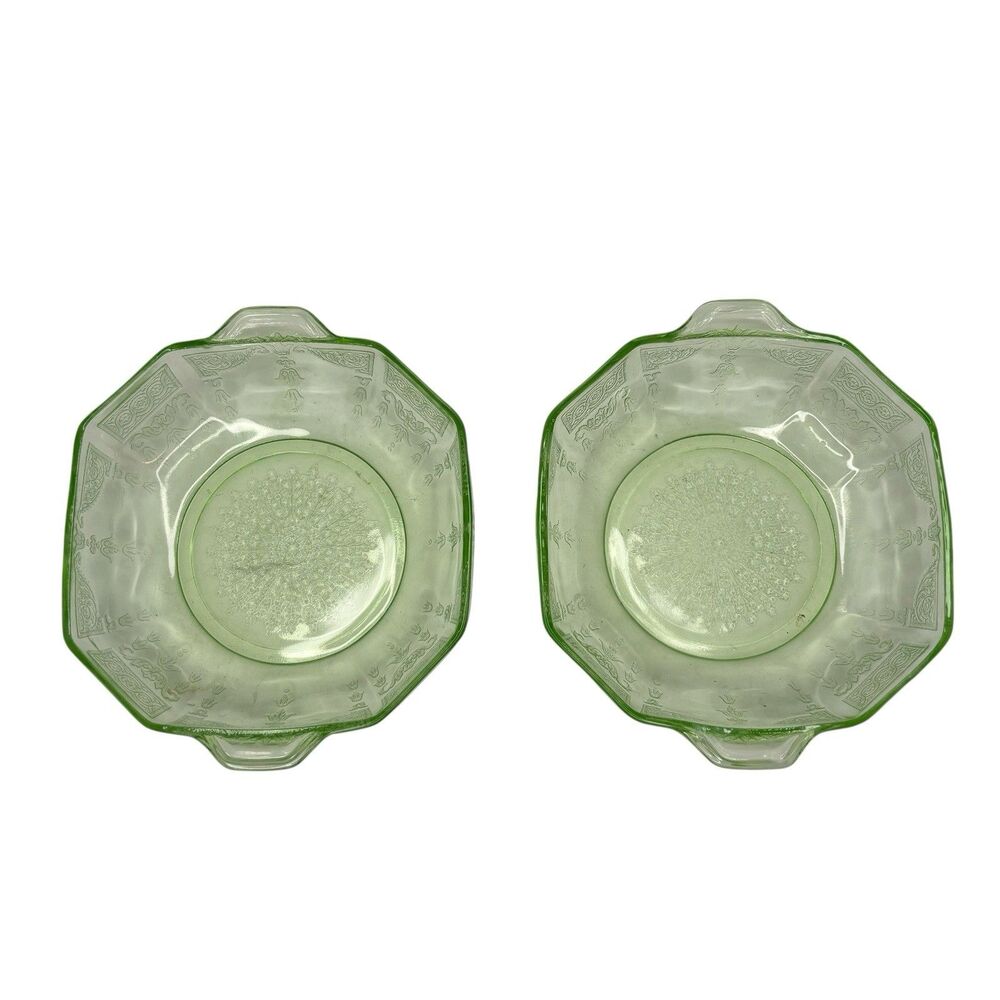 2 Anchor Hocking Princess Green Uranium Glass Handled Nappy Dish Octagonal 6"
